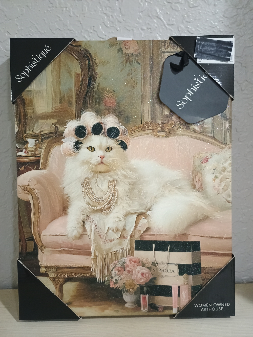 White Cat Art Print - Elegant White Cat on Pink Sofa
